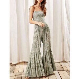 Storia Lucy Smocked Flare Leg Jumpsuit S Light Green Ditzy Floral